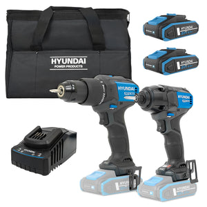 Hyundai 20V Cordless 65Nm Hammer Drill and 230Nm Impact Driver Brushless Kit, 2x 2.0Ah Li-ion Batteries and 2A Charger | S01-T2B