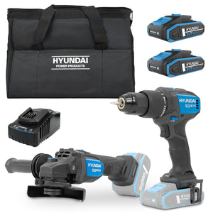Hyundai 20V Cordless Hammer Drill 60Nm and Angle Grinder 115mm Brushless Kit, inc. 2.0Ah and 4.0Ah Li-ion Battery and 2A Charger | S02-FTB
