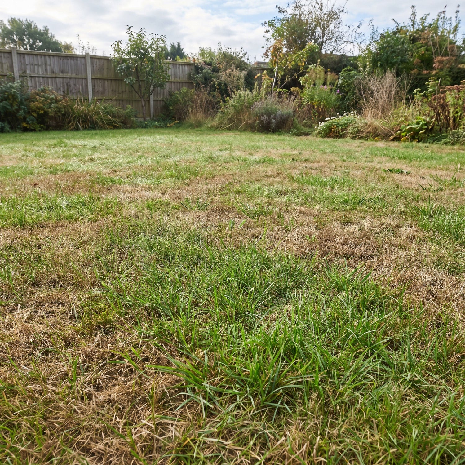 UK lawn showing fresh green growth returning through brown drought-stressed grass