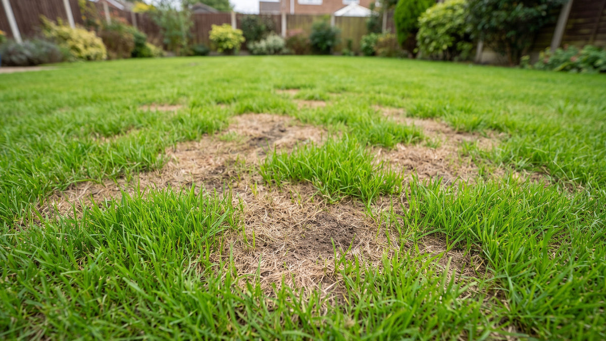 Patchy lawn with fresh green growth and bare areas after a dry summer