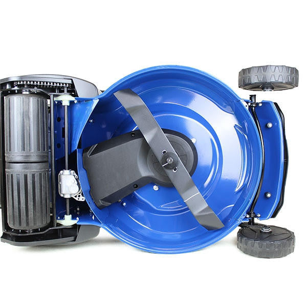 Underneath the mower, revealing the 21" blade