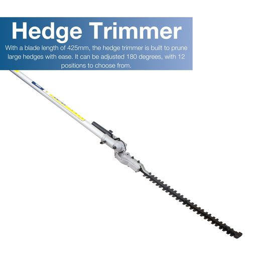 Hedge Trimmer: With a blade length of 425mm, the hedge trimmer is built to prune large hedges with ease. It can be adjusted 180 degrees, with 12 positions to choose from with a double safety lock to keep the cutting head securely in place.