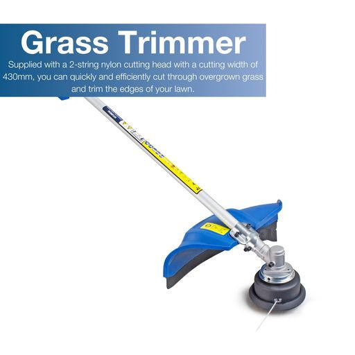 Grass Trimmer: Supplied with a 2-string nylon cutting head with a cutting width of 430mm, you can quickly and efficiently cut through overgrown grass and trim the edges of your lawn. The bump-feed system allows you to effortlessly dispense more cord without interrupting your gardening.