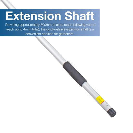 Extension Shaft: Providing approximately 800mm of extra reach (allowing you to reach up to 4m in total), the quick-release extension shaft is a convenient addition for gardeners who have tall trees or hedgerows on their property, eliminating the dangers of working from a ladder.