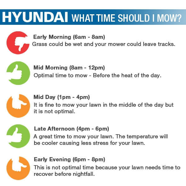 Mid Morning and Late afternoon is best to mow the the lawn.  Before the heat of the day or after when temperatures are cooler. 
Avoid early morning, as the grass could be wet and the mower could leave tracks.
Mid day and early evening are ideal but you can mow at this time