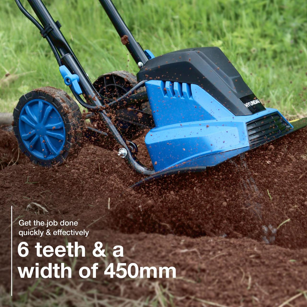 Hyundai 1500W 45cm Electric Garden Tiller, Cultivator, Rotovator and Rototiller 4 x 6 Blades | HYT1500E