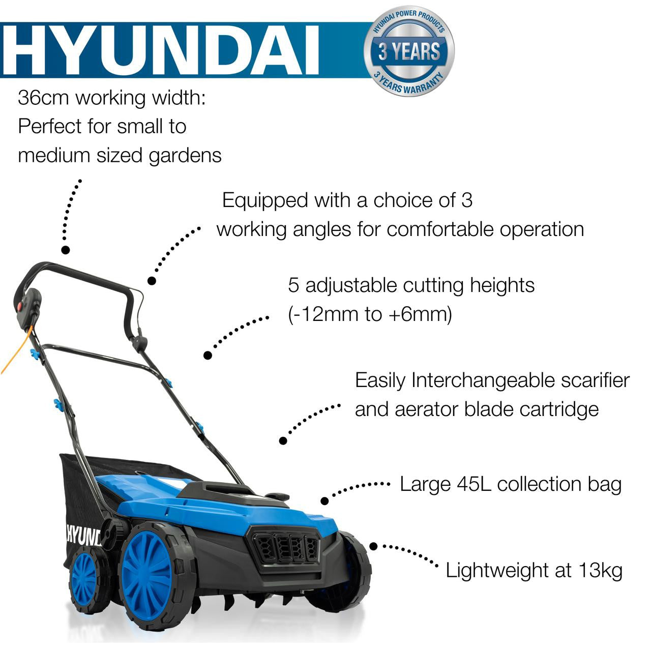 Key Features of the Hyundai 1600W Electric Lawn Scarifier