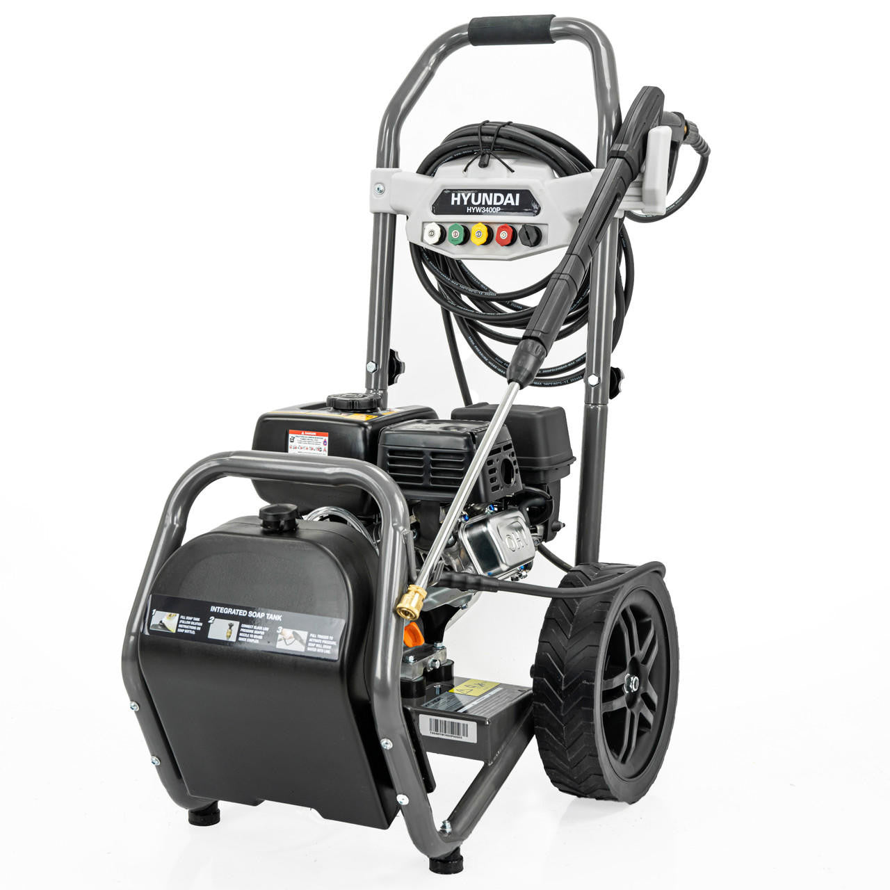 Hyundai 209cc 3400psi Petrol High-Pressure Washer, 5 Nozzle Attachments, Axial Pump, 10m Hose & 5L Detergent Tank | HYW3400P