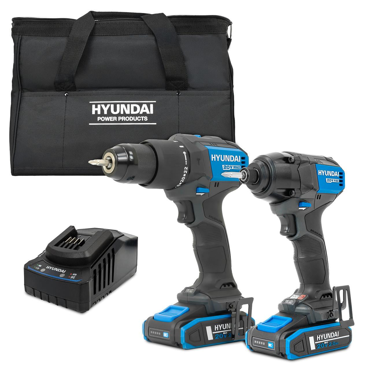 Hyundai 20V Cordless 65Nm Hammer Drill and 230Nm Impact Driver Brushless Kit, 2x 2.0Ah Li-ion Batteries and 2A Charger  | S01-T2B
