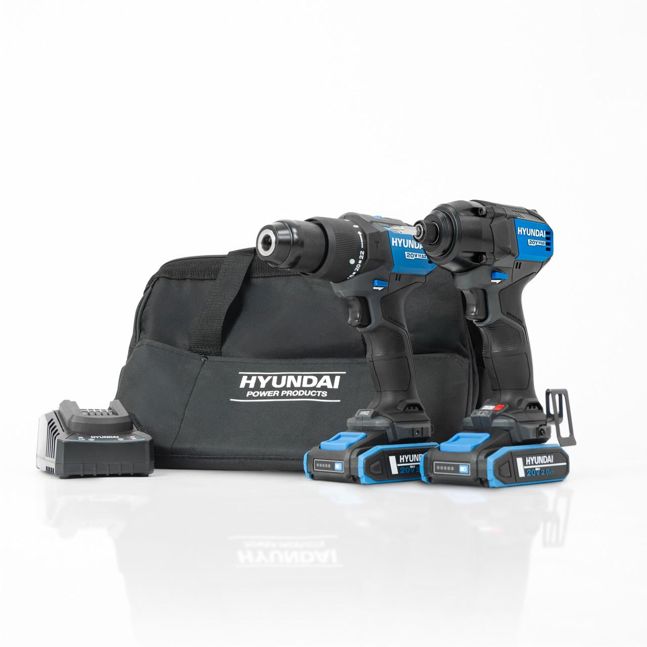 Hyundai 20V Cordless 65Nm Hammer Drill and 230Nm Impact Driver Brushless Kit, 2x 2.0Ah Li-ion Batteries and 2A Charger  | S01-T2B