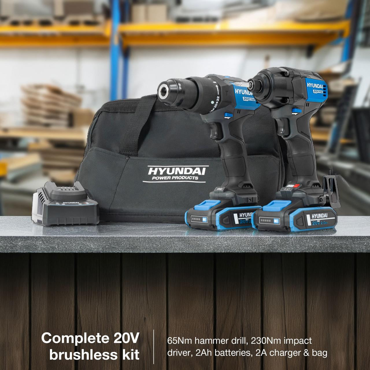 Hyundai 20V Cordless 65Nm Hammer Drill and 230Nm Impact Driver Brushless Kit, 2x 2.0Ah Li-ion Batteries and 2A Charger  | S01-T2B