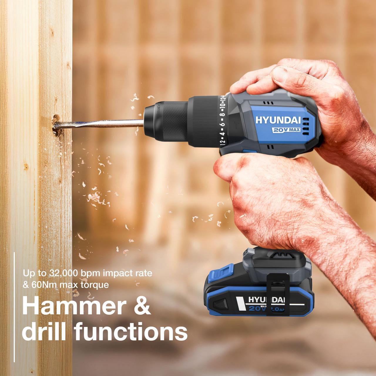 Hyundai 20V Cordless 65Nm Hammer Drill and 230Nm Impact Driver Brushless Kit, 2x 2.0Ah Li-ion Batteries and 2A Charger  | S01-T2B