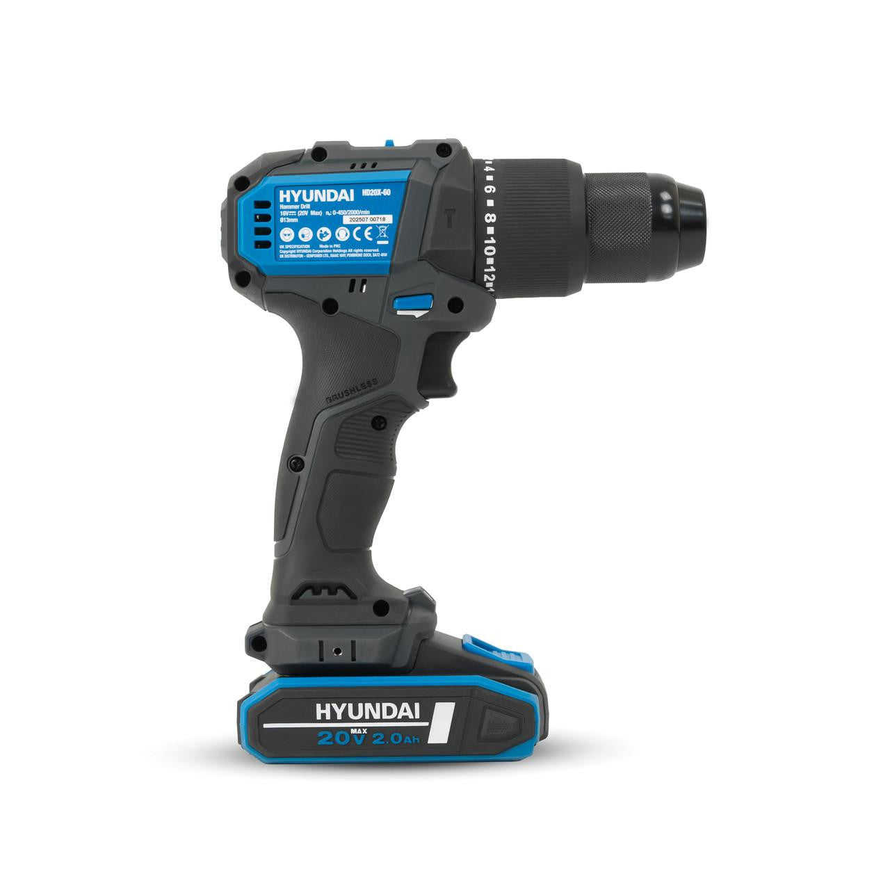 Hyundai 20V Cordless 65Nm Hammer Drill and 230Nm Impact Driver Brushless Kit, 2x 2.0Ah Li-ion Batteries and 2A Charger  | S01-T2B