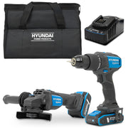 Hyundai 20V Cordless Hammer Drill 60Nm and Angle Grinder 115mm Brushless Kit, inc. 2.0Ah and 4.0Ah Li-ion Battery and 2A Charger  | S02-FTB
