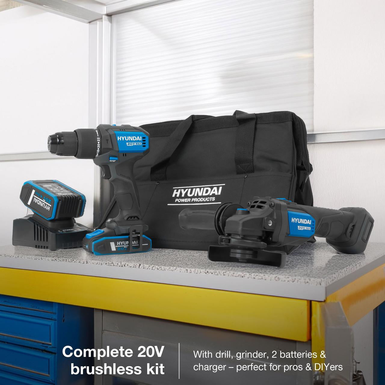 Hyundai 20V Cordless Hammer Drill 60Nm and Angle Grinder 115mm Brushless Kit, inc. 2.0Ah and 4.0Ah Li-ion Battery and 2A Charger  | S02-FTB