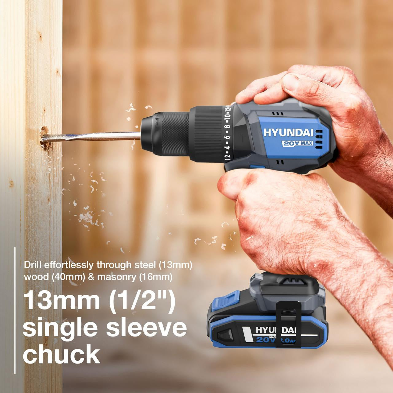 Hyundai 20V Cordless Hammer Drill 60Nm and Angle Grinder 115mm Brushless Kit, inc. 2.0Ah and 4.0Ah Li-ion Battery and 2A Charger  | S02-FTB