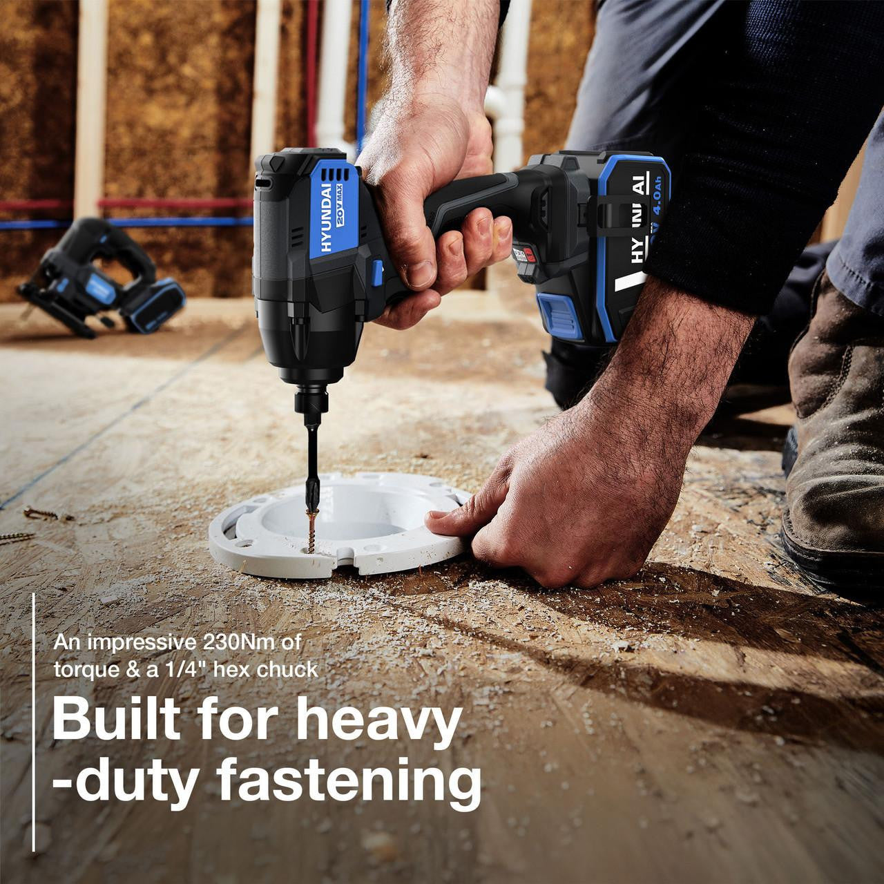 Hyundai 20V Cordless Hammer Drill 60Nm and Angle Grinder 115mm Brushless Kit, inc. 2.0Ah and 4.0Ah Li-ion Battery and 2A Charger  | S02-FTB