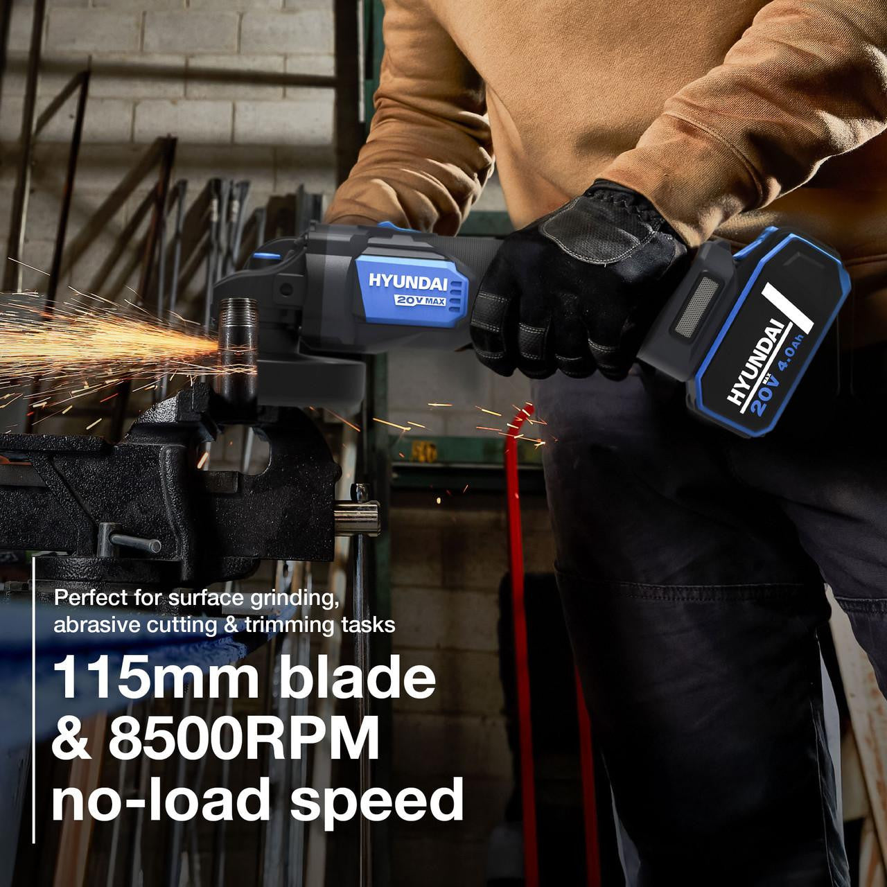 Hyundai 20V Cordless Hammer Drill 60Nm and Angle Grinder 115mm Brushless Kit, inc. 2.0Ah and 4.0Ah Li-ion Battery and 2A Charger  | S02-FTB