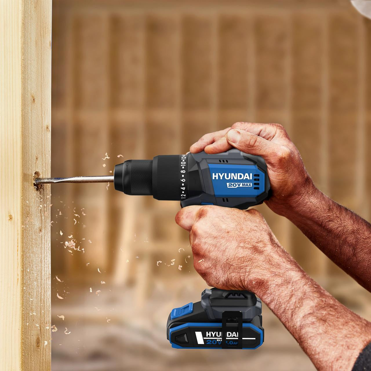 Hyundai 20V Cordless Hammer Drill 60Nm and Angle Grinder 115mm Brushless Kit, inc. 2.0Ah and 4.0Ah Li-ion Battery and 2A Charger  | S02-FTB