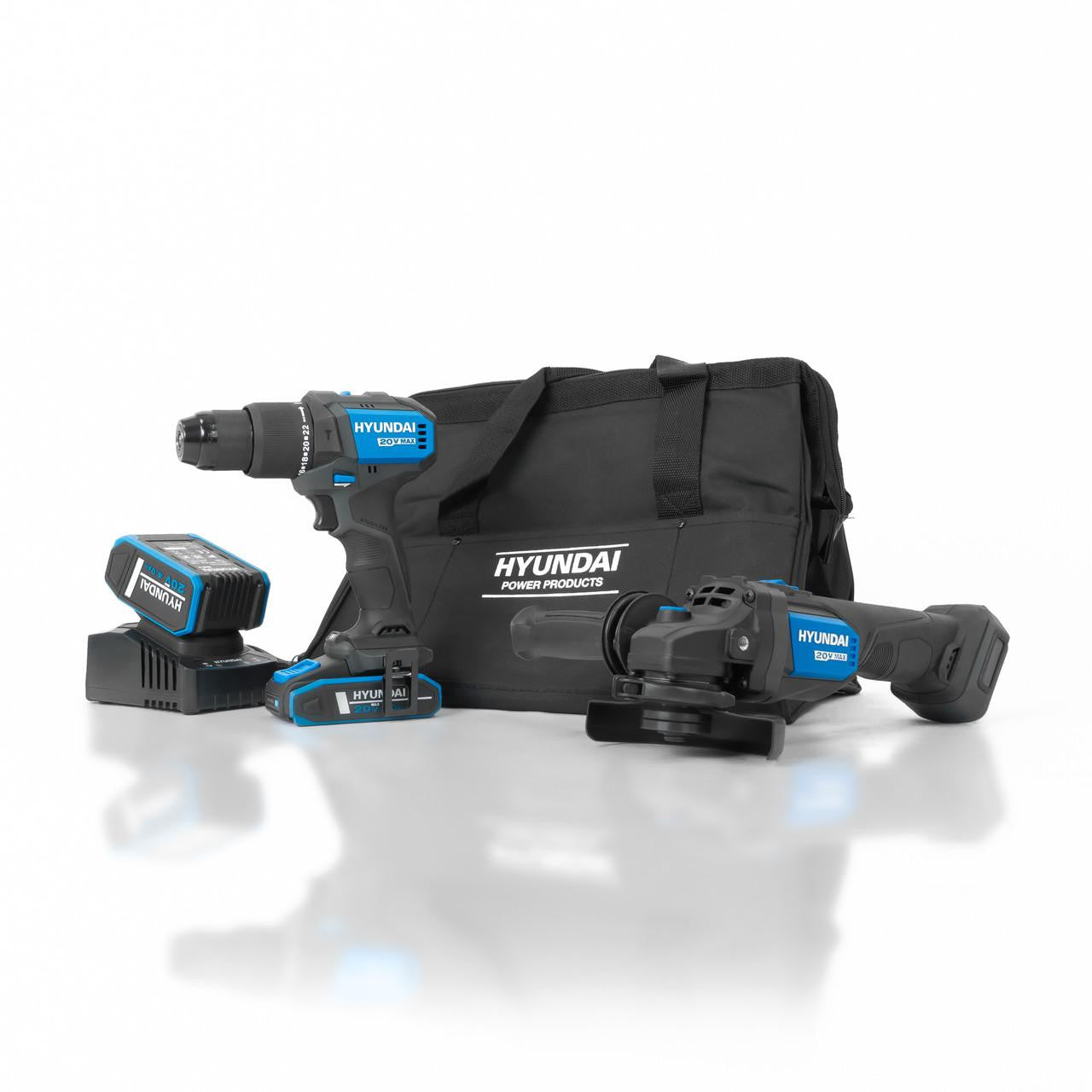Hyundai 20V Cordless Hammer Drill 60Nm and Angle Grinder 115mm Brushless Kit, inc. 2.0Ah and 4.0Ah Li-ion Battery and 2A Charger  | S02-FTB