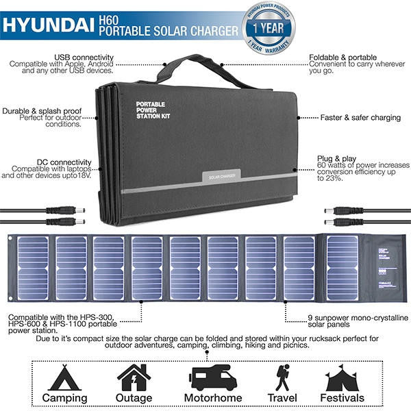 Hyundai H60 60W Portable and Foldable Solar Charger With USB and DC Connectivity | H60