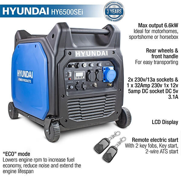 Hyundai 6600W / 6.6kW Petrol Inverter Generator, Remote Keyfob & Electric Start, Wheels & Closed Case Design, DC & USB | HY6500SEi