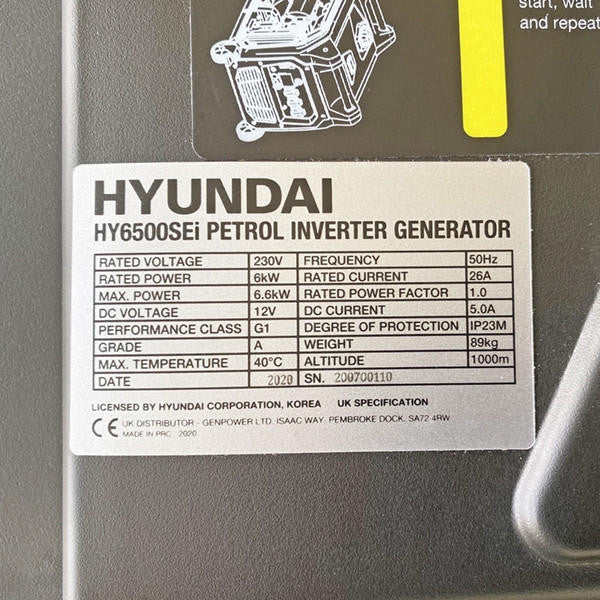 Hyundai 6600W / 6.6kW Petrol Inverter Generator, Remote Keyfob & Electric Start, Wheels & Closed Case Design, DC & USB | HY6500SEi