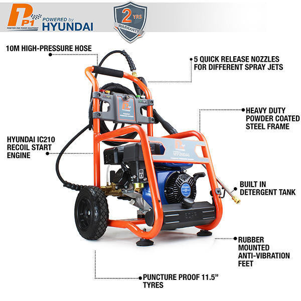 P1 3200psi 214bar Commercial Petrol Pressure Washer,212cc Hyundai Engine, 11L/min & 18" Rotary Flat Surface Cleaner | P3200PWT+85.403.005