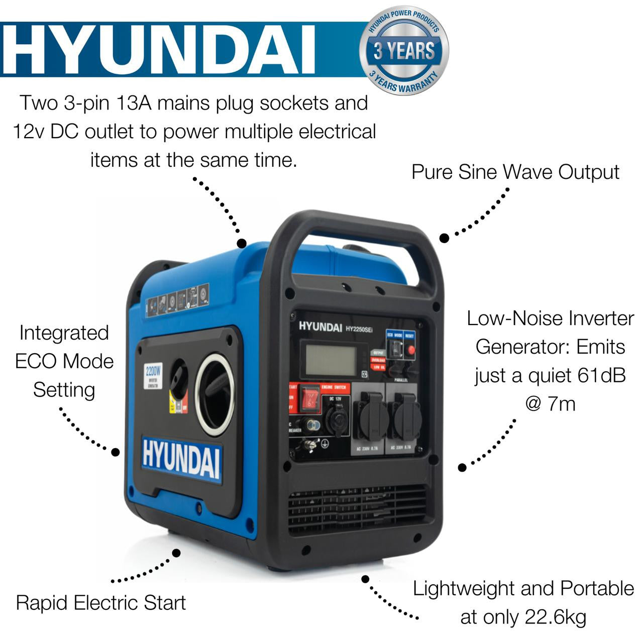 Hyundai 2200W / 2.2kW Petrol Inverter Generator, Electric Start, Pure Sine Wave Output, Lightweight, Quiet Running | HY2250SEi