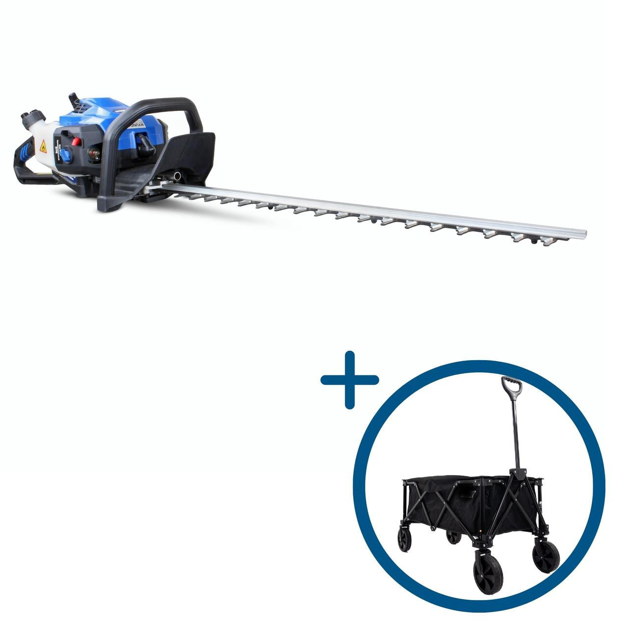 Hyundai 26cc 600mm Petrol Hedge Trimmer Cutter, Easy-Start & Lightweight 2-stroke & Folding Trolley on Wheels, Garden Trolley 100kg | HYHT2600X+GTW220