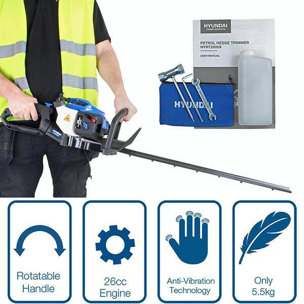Hyundai 26cc 600mm Petrol Hedge Trimmer Cutter, Easy-Start & Lightweight 2-stroke & Folding Trolley on Wheels, Garden Trolley 100kg | HYHT2600X+GTW220