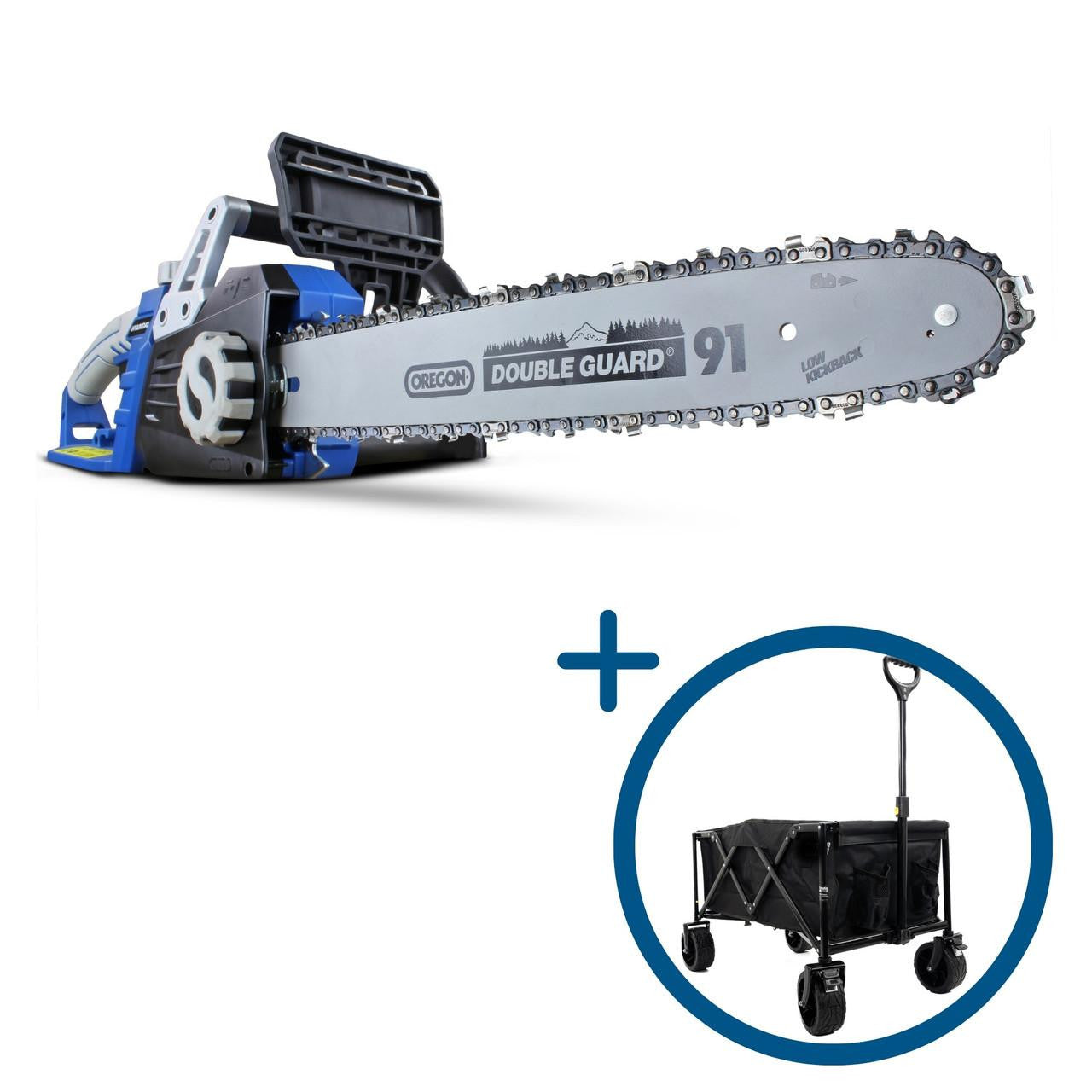 Hyundai 16" 40cm Electric Chainsaw 2400W 230V & Garden Trolley on Wheels, 100kg Load with Brakes | HYC2400E+GTW260
