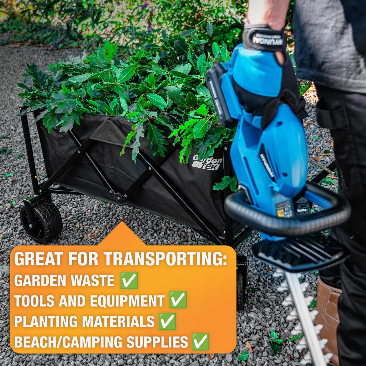 Hyundai 52cc Petrol Pole Saw Pruner Chainsaw 2.7m Long Reach 260mm Cutting Width & Garden Trolley on Wheels, 100kg Load with Brakes | HYPS5200X+GTW260