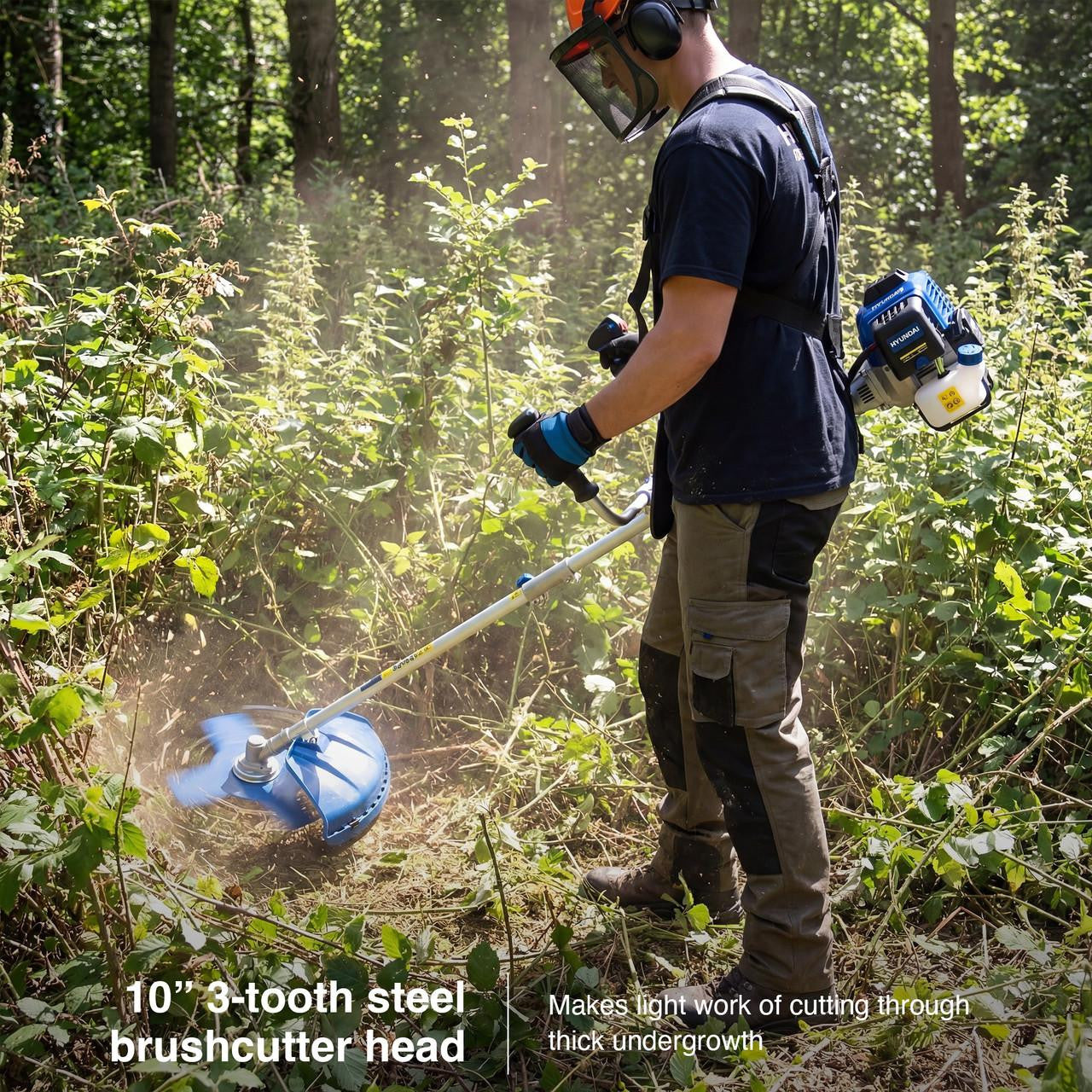 Hyundai 56cc petrol strimmer with metal blade and nylon line head