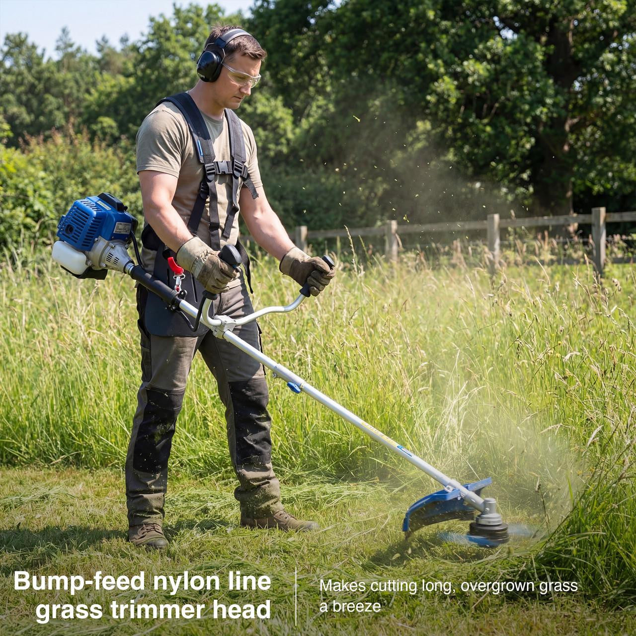 Hyundai HYBC5600X petrol grass trimmer with shoulder harness