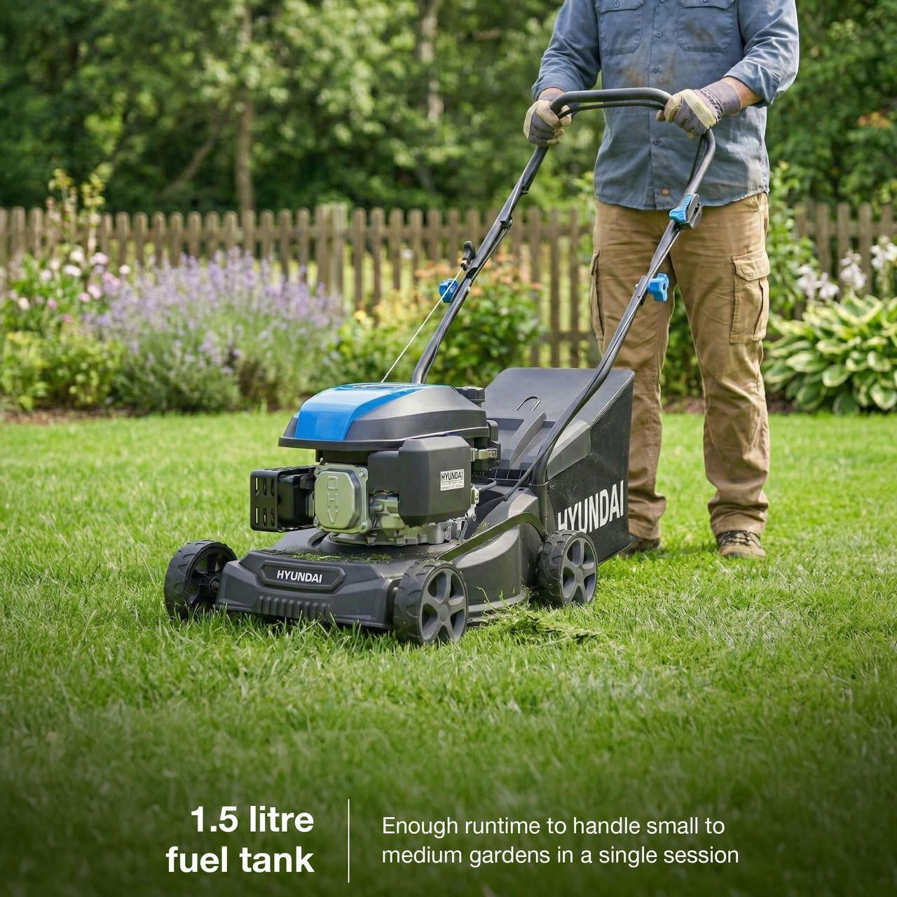 Hyundai 40cm petrol lawn mower front view with compact cutting deck