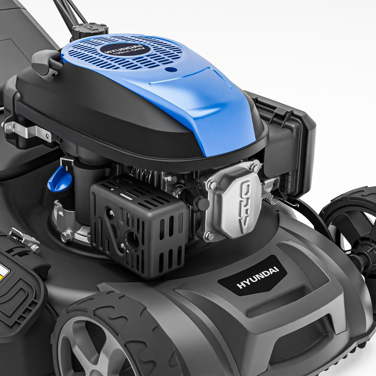 Hyundai 139cc petrol lawn mower front view with wide cutting deck