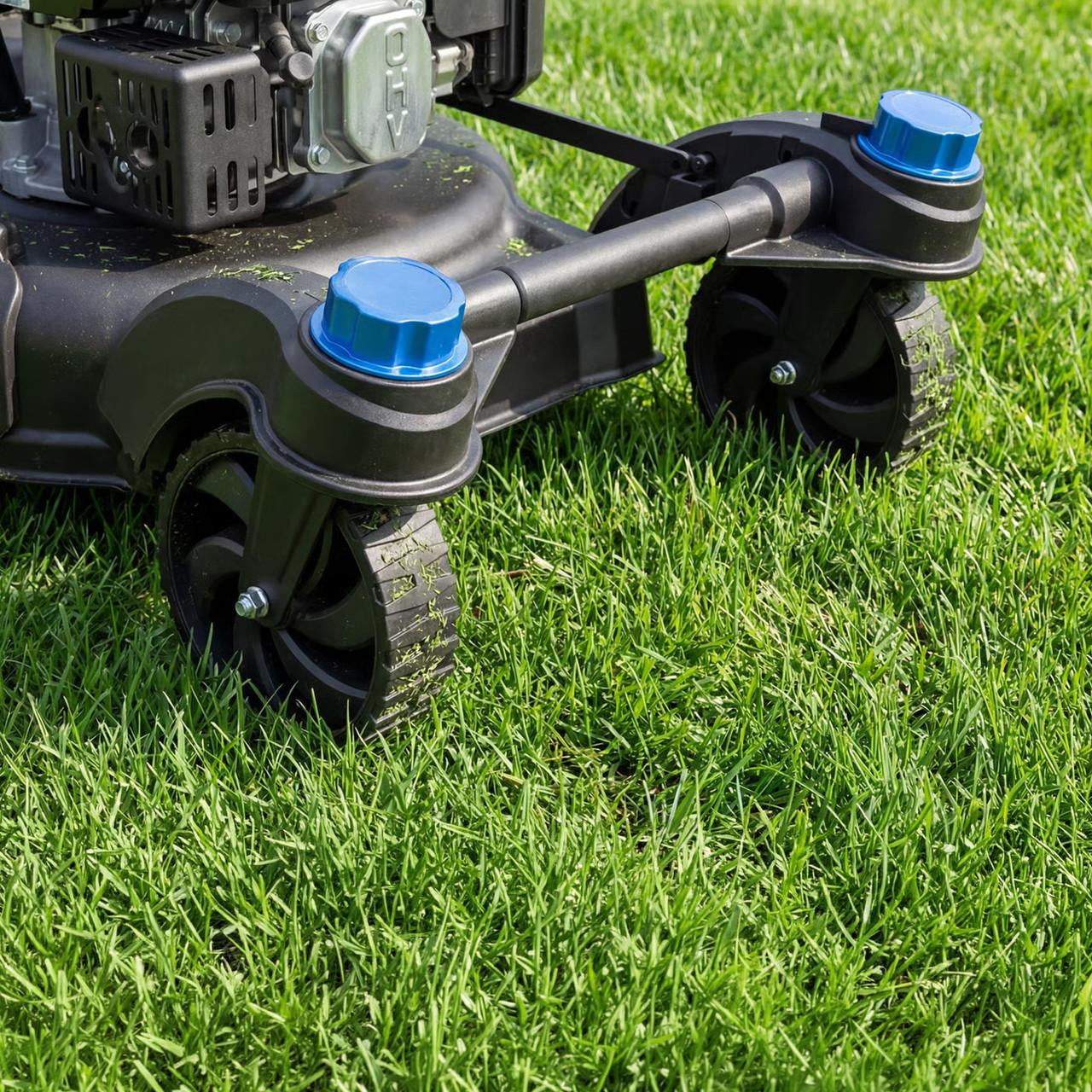 Hyundai electric start petrol lawn mower with 51cm steel cutting deck