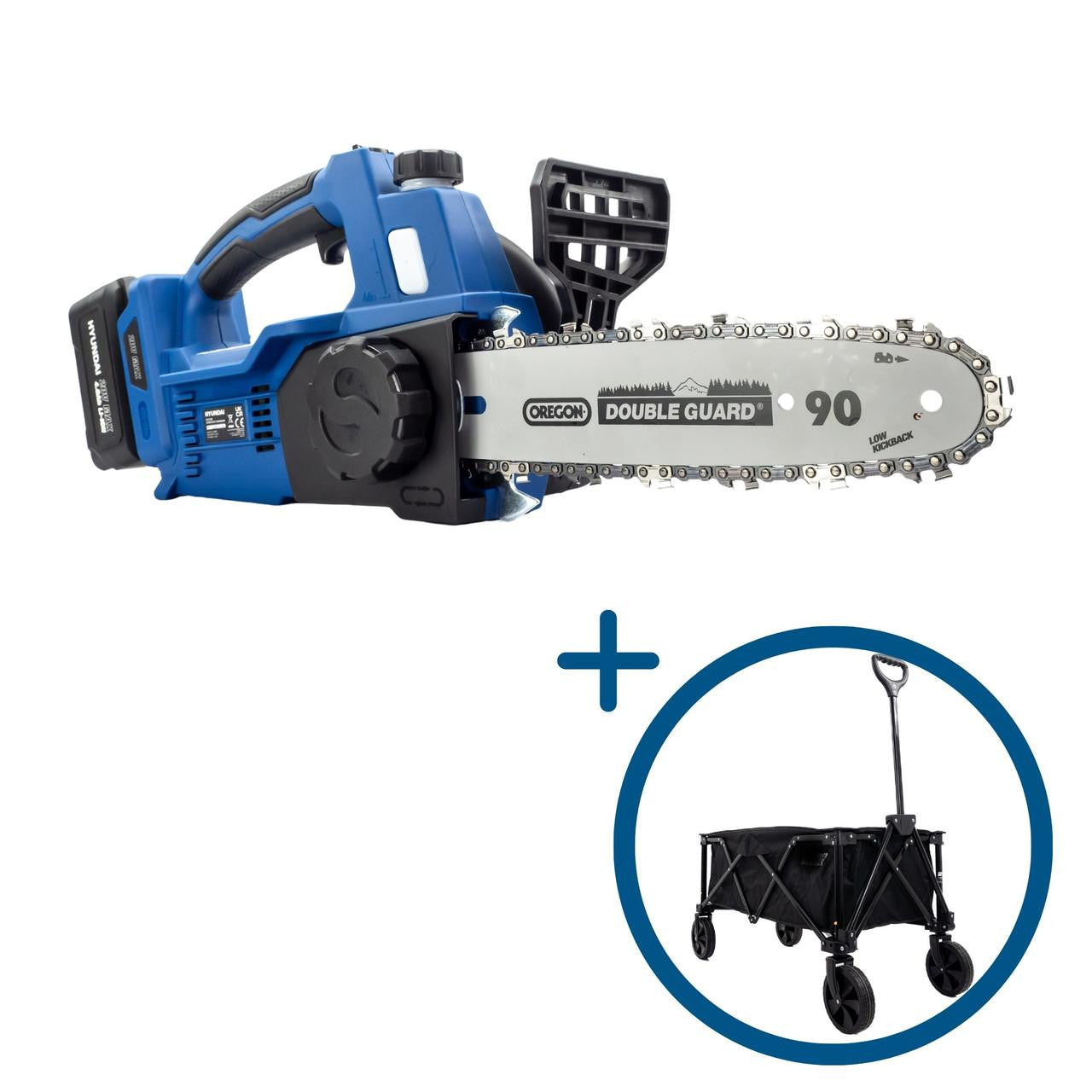 Hyundai 10'' 25cm Cordless Chainsaw Brushless 20V Li-Ion 4Ah Battery & Folding Trolley on Wheels, Garden Trolley 100kg | HY2190+GTW220