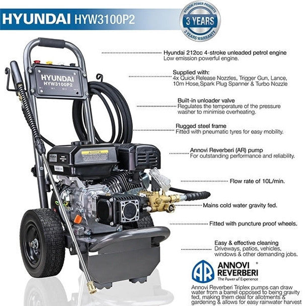 Hyundai 3100psi 212cc 10L/min Petrol Pressure Washer & 18" Flat Surface Cleaner | HYW3100P2 + 85.403.005