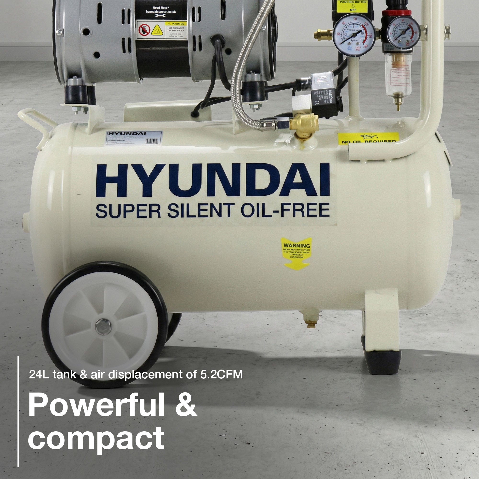 Hyundai 750W / 1HP 24L Oil Free Low Noise Portable Air Compressor 5.2CFM 118psi Direct Drive | HY7524X