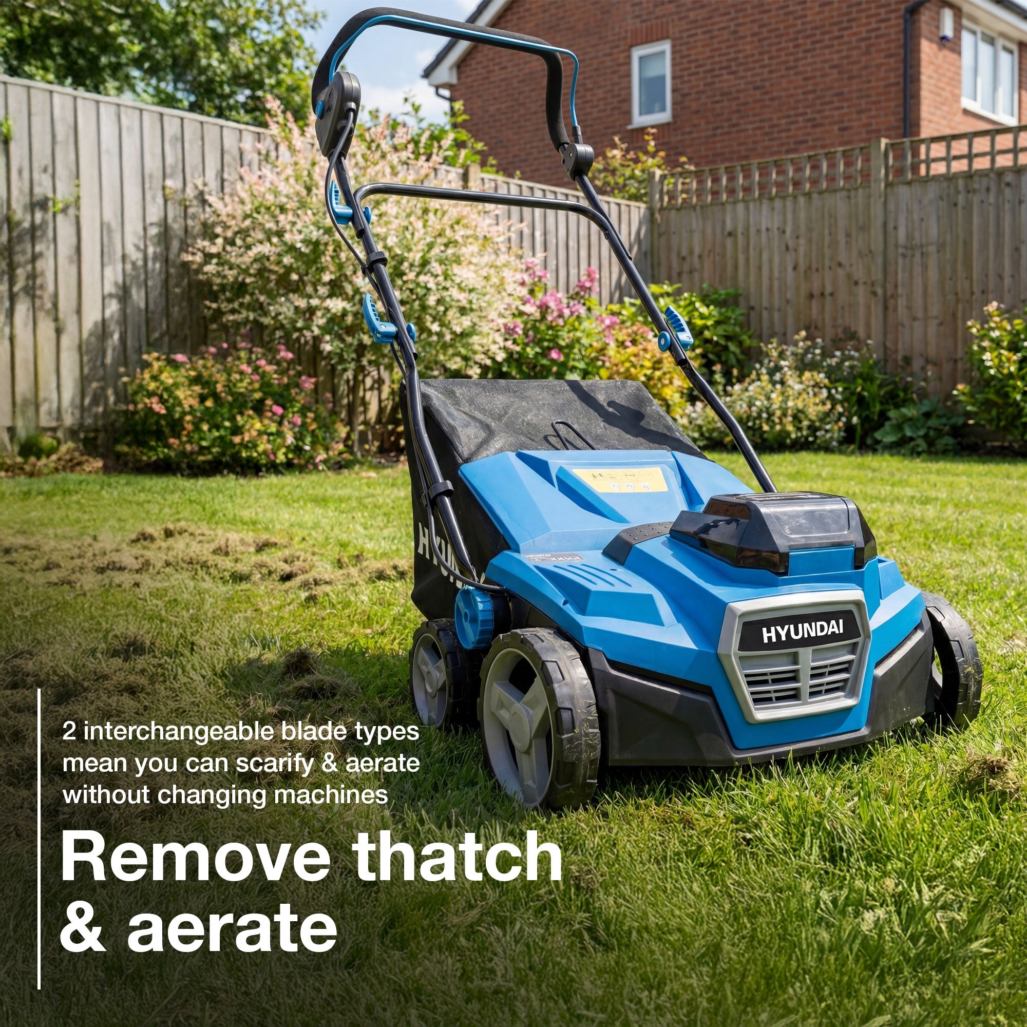 Hyundai 38cm / 15" 2-in-1 Cordless Scarifier & Aerator, 40V (2x20V) Brushless, 45L Collection Bag | HY40CSC38