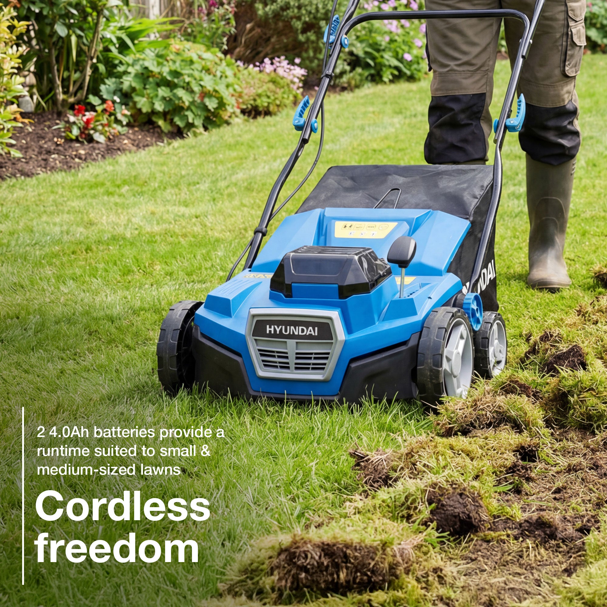 Hyundai 38cm / 15" 2-in-1 Cordless Scarifier & Aerator, 40V (2x20V) Brushless, 45L Collection Bag | HY40CSC38
