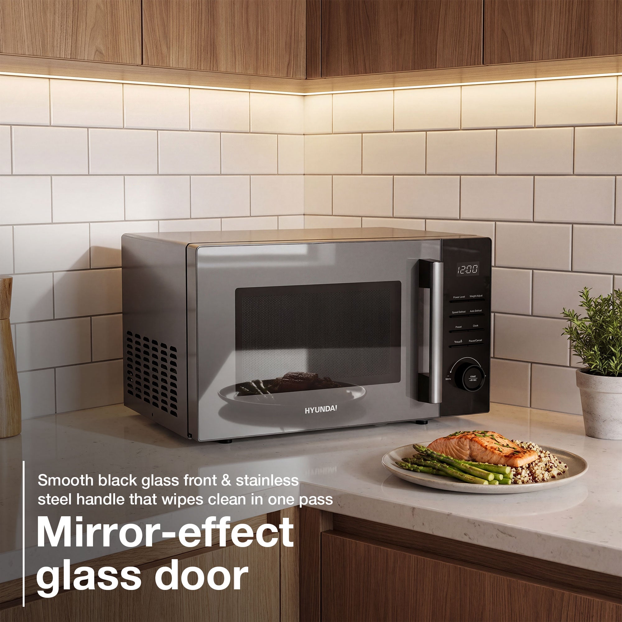Hyundai 900W 23L Black Digital Microwave, Mirror-Effect Glass Door, Stainless Steel Interior | HYMW90023DB