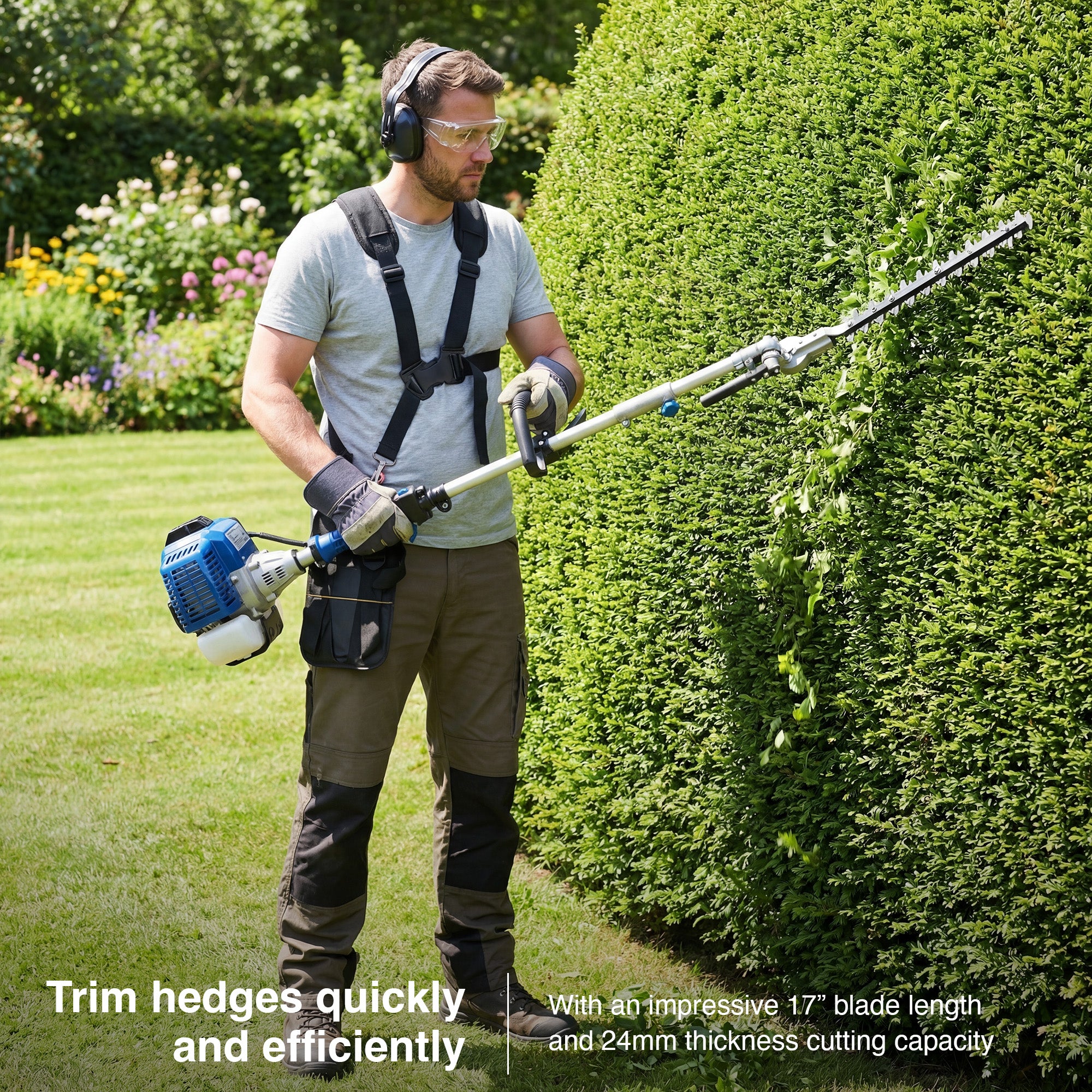 Hyundai 56cc Petrol Garden Multi Tool, 5-in-1 — Grass Trimmer, Brushcutter, Long Reach Hedge Trimmer & Pole Saw | HYMT5600X