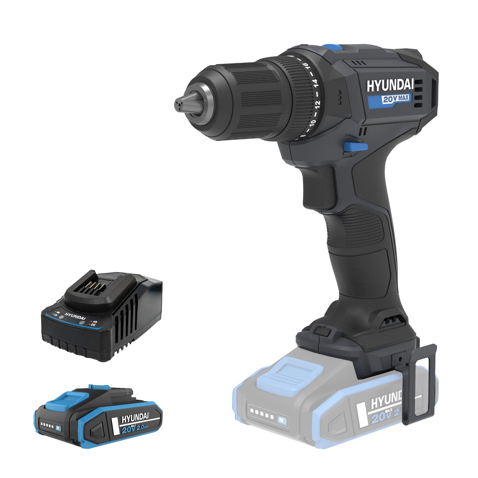 Hyundai 20V 40Nm Cordless Driver Drill, 2Ah Battery and Charger, 2-Speed, LED Light, 13 mm Chuck | DD20S-40TT