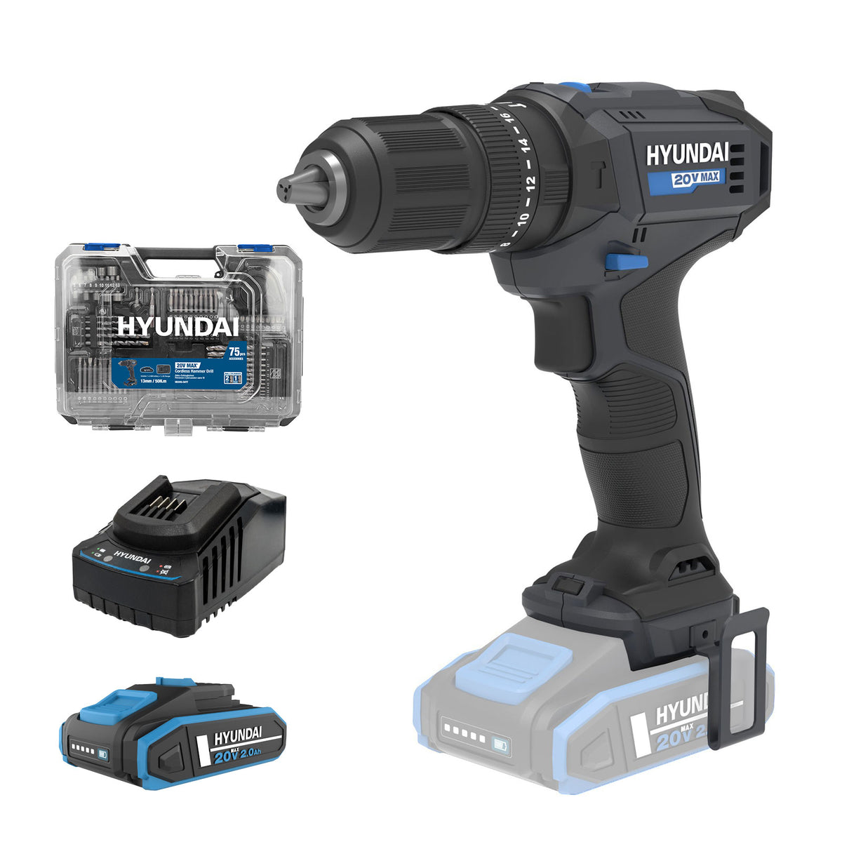 Hyundai 20V 50Nm Cordless Hammer Drill, 2-Speed, 13 mm Chuck LED Light | HD20S-50