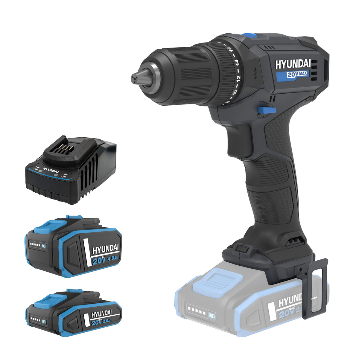 Hyundai 20V 40Nm Driver Drill Kit with Extra 4Ah Battery