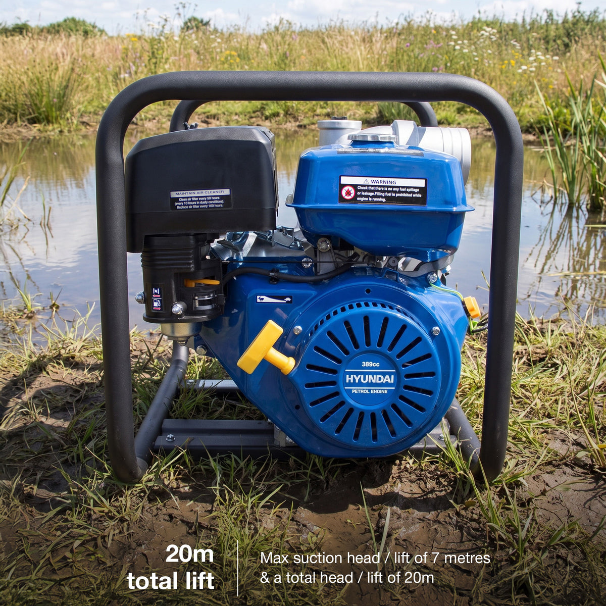 Hyundai 100mm 4" Petrol Clean Water Pump, 20m Total Head, 7m Lift, 1250L/min Flow Rate| HY100