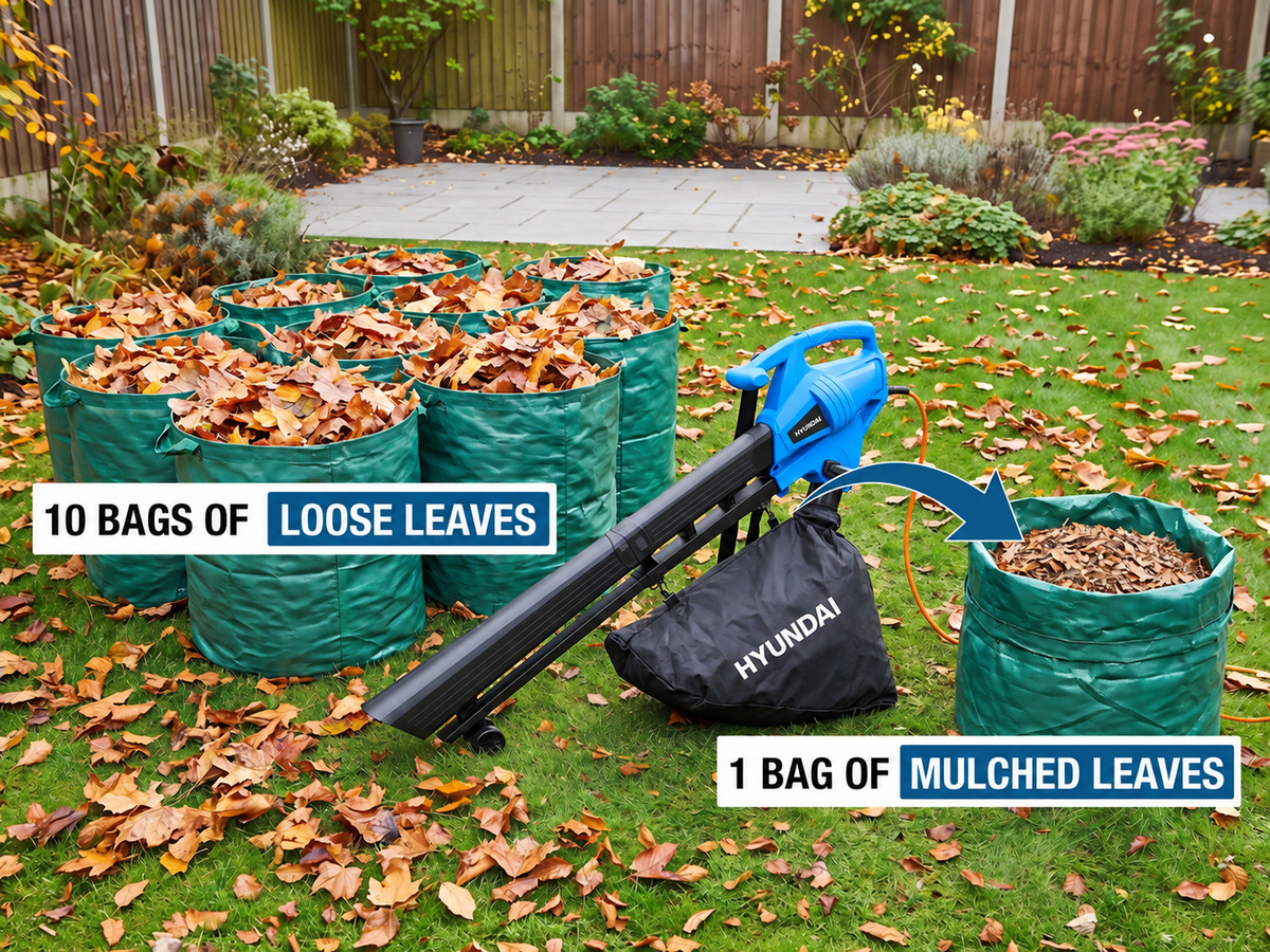 Illustrative up-to-10:1 comparison: ten garden sacks of loose leaves, with an arrow pointing to one sack of mulched leaves beside the HYBV3000E3
